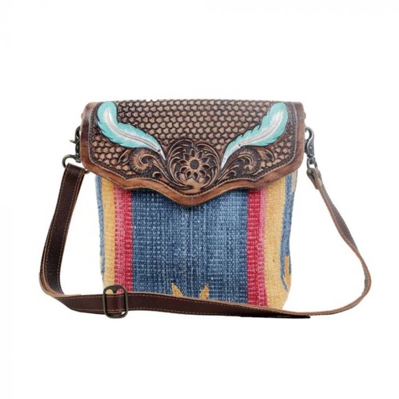 Myra Bag Handbags - New Blue Feather Hand Tooled Canvas Leather Bag